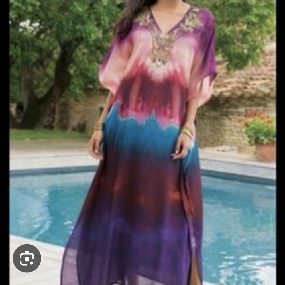Soft Surroundings NWT Hand Beaded Colorful Maxi Kaftan Dress w/ Slip Women's S/M
